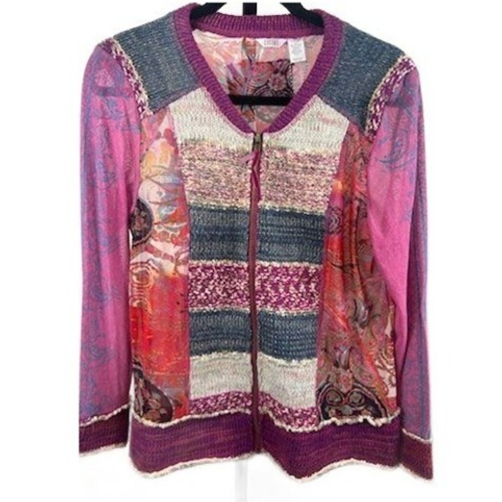 Kaktus Women's Size Large Patchwork Knit Zip Jacket Artsy Multi Color Boho